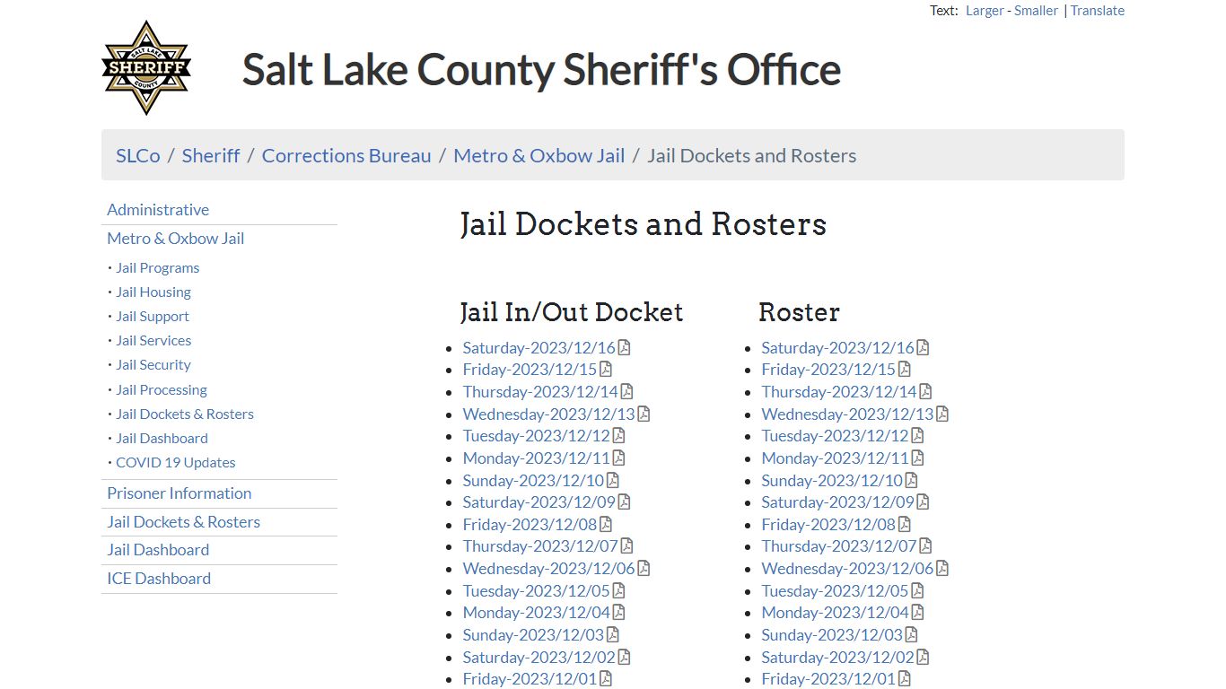 Jail Dockets and Rosters - Sheriff | SLCo - Salt Lake County, Utah